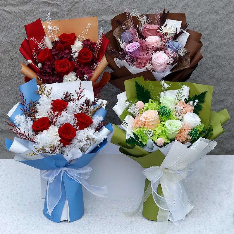 YSH-019 럭셔리 천연 리얼 터치 블루와 화이트 보존 졸업 4 장미 꽃다발 꽃 선물 상자 포장