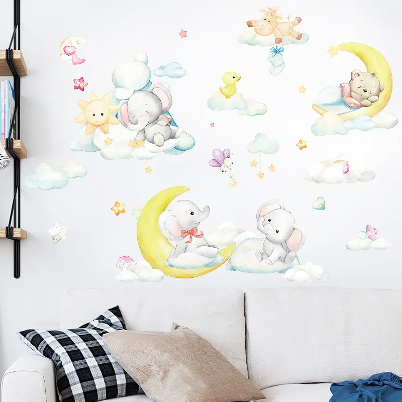 Cartoon Maan Baby Olifant Beer Muurstickers Baby Kinderkamer Slaapkamer Home Decor Stickers Achtergronddecoratie Schattige Dierensticker