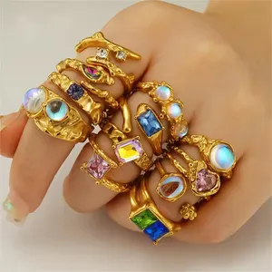 Stainless Steel Irregular Surface Colorful Moonstone Ring 18K Gold Opening Personality Zircon Adjustable Finger Rings Women