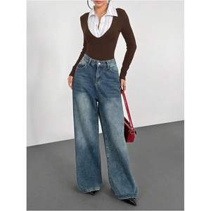 Body de punto elástico a rayas de manga larga con cuello camisero para mujer, estilo preppy - Product Image 2