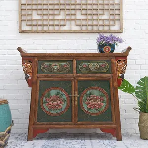 Antique Hand Painted Wooden Carved Wall Cabinet Sideboard