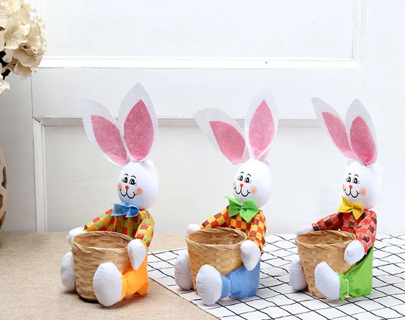 DIY Cute Bunny Basket Easter Eggs Candy Gift Rabbit Storage Bag Colorful Bamboo Basket for Easter Decor