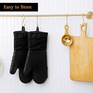 Kingwise <b>Long</b>-Style Silicone Oven Glove Set Heat Resistant <b>Slip</b>-Resistant for Baking Food BBQ Grill Use Cotton Microwave Mitt - Product Image 6