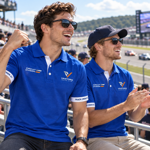 Polo de sport automobile personnalisé pour homme, en piqué séchage rapide, avec patte de boutonnage contrastante, logo sur la poitrine et texte sur le poignet, pour équipes et équipes d'athlétisme - Product Image 1