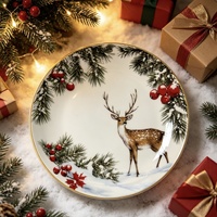 Assiette de Noël en céramique avec rennes, paysage enneigé, branches de pin et baies rouges, compatible micro-ondes, style Instagram, pour occasions festives