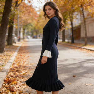 Abito <span class=keywords><strong>Midi</strong></span> Elegante OEM Autunno Inverno per Donna, Scollo a V, Slim Fit, Monopetto, Stile Lavorato a Maglia con Polsini a Contrasto e Maniche Svasate - Product Image 3