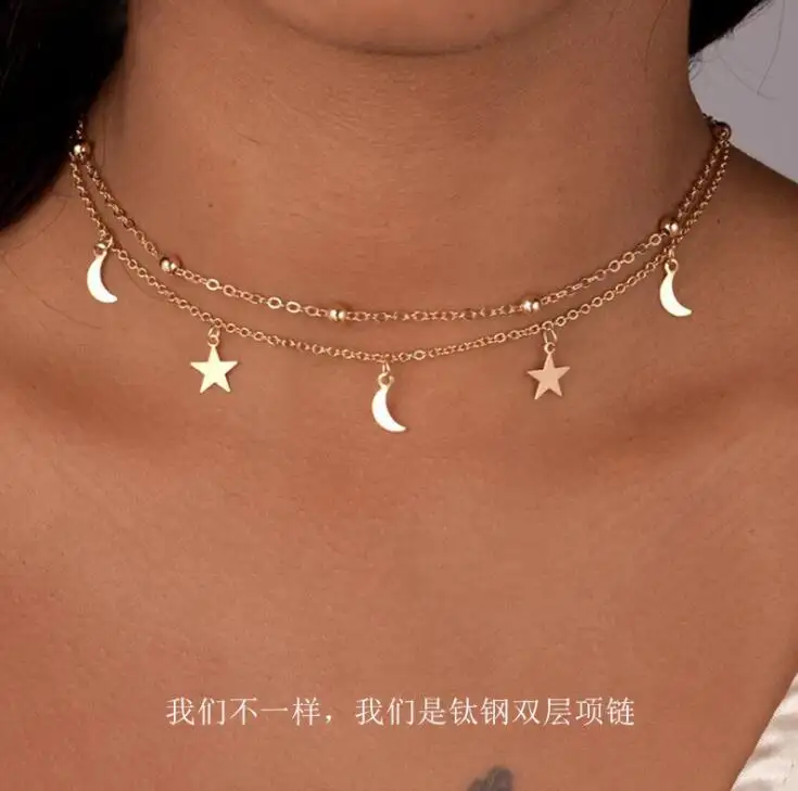 Mode Multilayer Edelstahl Frauen Gold Silber Farbe Perlen Moon Star Horn Crescent Double Chain Choker Halsketten