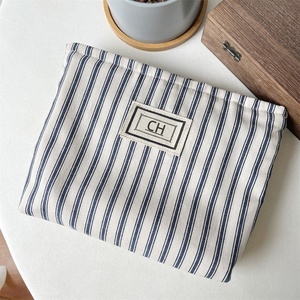BSCI Eco-friendly Cotton Stripes <b>Drawstring</b> Dust <b>Bag</b> for Handbag Shoe Custom Logo Printed Canvas Zipper Cosmetic <b>Makeup</b> Pouch - Product Image 1
