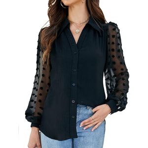 Blusa Elegante de Gasa para Mujer, Manga Larga, con Botones, Transparente, para Trabajo, Color Negro - Product Image 1