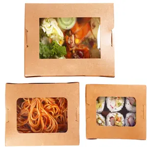 Happypack fornece caixa de papel para viagem com janela, embalagem descartável, recipiente para alimentos, caixa de salada com logotipo personalizado, amostras grátis