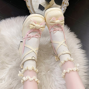 รองเท้าโลลิต้าแมรี่เจนแบบสวม ส้นสูงทรงเหลี่ยม สีฟ้าหวาน ส้นหนา ผ้าหุ้มส้น สไตล์เกาหลี พร้อมโบว์ - Product Image 3