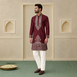 Men's Maroon Embroidered <b>Kurta</b> White Churidar Wedding Traditional <b>Indian</b> Pakistani Outfit Regular Fit Knee-Length Quick Dry - Product Image 1