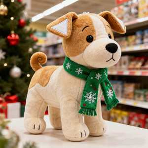 Peluche chien super douce et adorable, fourrure marron/beige, écharpe verte à motifs flocons de neige, grands yeux noirs, queue recourbée - Design de Noël festif, jouet - Product Image 1