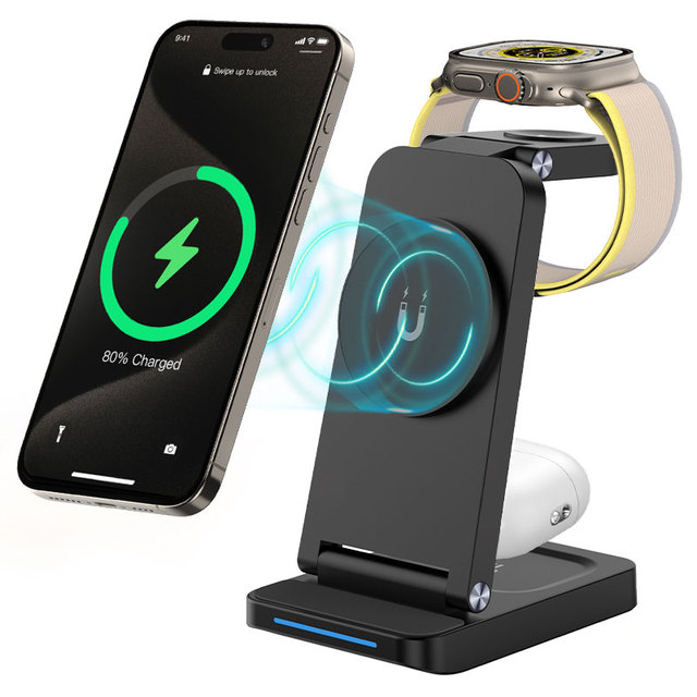 3 in 1 Wireless Phone Charger Stand Portable Fast Charging 15W Magnetic Wireless Charger for iPhone Watch Earphone