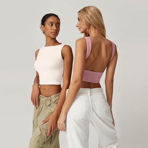 Haut court sexy Y2K pour <span class=keywords><strong>femme</strong></span>, personnalisé en usine, dos ouvert, sans manches, col rond, coupe ajustée - Product Image 4
