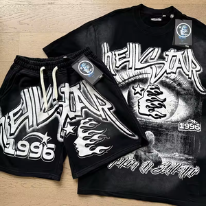 Conjunto de Camiseta Oversize de Algodón Lavado Estilo Hip-hop Streetwear con Efecto Desgastado y NFC Hell Star para Hombre - Product Image 2