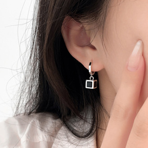 S925 Pure Silver Black Square Drop <b>Earrings</b> Geometric Bezel Setting Everyday Wear <b>Fine</b> Dangle <b>Earrings</b> - Product Image 3