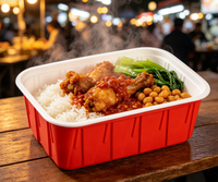 Boîte en plastique PP carrée ondulée rouge et blanche, taille personnalisée disponible, conteneur bento jetable pour plats à emporter du Shandong
