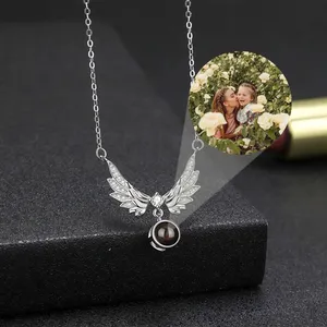 Lateefah OEM Fashion Women Jewelry CZ Angel Wings Pendant Copper Custom Photo Projection Necklace