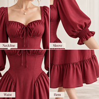 Robe midi personnalisée pour femme, légère, tissée, avec buste froncé, manches bouffantes, poignets froncés, taille ajustée, ourlet à volants, coupe trapèze