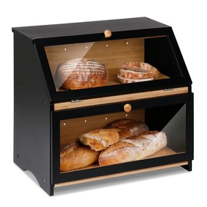 Large Capacity Double Layer Wooden Bread Storage Bin Black Kitchen Counter Canister for Bread <strong>Honey</strong> Spice <strong>Set</strong> Back School - Product Image 2