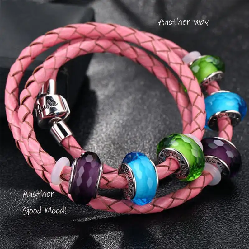 High Quality 925 Sterling Silver Jewelry Fashion Colorful DIY Moments Men Black Double Woven Leather Bracelet For Pan Jewelry