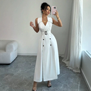 <span class=keywords><strong>Robe</strong></span> longue trapèze élégante <span class=keywords><strong>pour</strong></span> femme, col en V, sans manches, double boutonnage, <span class=keywords><strong>ceinture</strong></span> à nouer, <span class=keywords><strong>taille</strong></span> <span class=keywords><strong>haute</strong></span>, couleur unie, <span class=keywords><strong>pour</strong></span> le bureau et le quotidien - Product Image 4