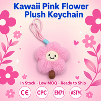 Gantungan Kunci Boneka Bunga Pink Shaggy Lucu Kawaii Bordir Wajah Tersenyum Lembut Berbulu Kelopak Tali Elastis Liontin Tas Katun