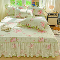 Jupe de lit moderne en sergé épais lavé et brossé, imprimé 300 fils, avec bordure en dentelle florale, antidérapante, trois pièces, pour matelas