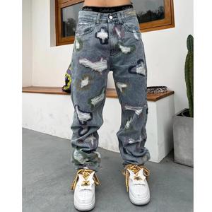 Jeans en denim à trous ouverts pour hommes pantalons cargo pantalons pour hommes pantalons Hip Hop à trous cassés et bords rugueux pantalons de rue jeans - Product Image 2