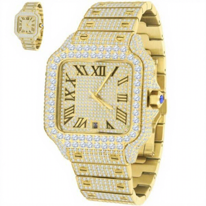Montre en verre carré sertie de diamants Moissanite, or jaune, acier inoxydable, mouvement automatique, étanche 10 bars, bracelet à fermoir - Product Image 1