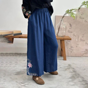 Cotton Linen Cropped Pants Wide Leg Embroidered Pink Loose Fit Casual Women's Pants Breathable Summer Style - Product Image 2