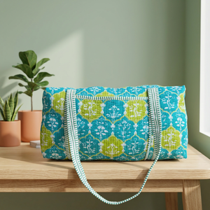 Bolsa de Viaje Acolchada con Estampado Floral Verde Azulado, Gran Capacidad, Cierre de Cremallera, Bolsa de Fin de Semana, Bolsas de Viaje con Estampado a Mano, Venta al Por Mayor - Product Image 2