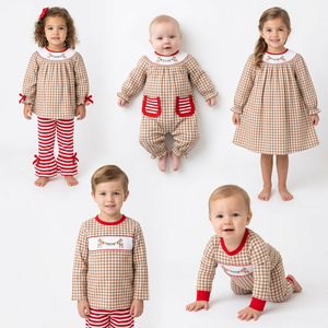 Conjunto de pijamas navideños a cuadros de manga larga para niños y niñas pequeños con conjuntos de ropa para hermanos con diseño de renos - Product Image 1