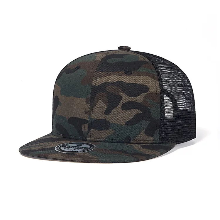 Özel Camo Snapback şapka siyah kamuflaj örgü düz ağız kamyon şoförü beyzbol şapkası