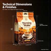 Sachet de café moderne illustré à fond plat, refermable, avec fermeture éclair sur huit côtés, finition mate, pour l'emballage de grains de café de spécialité