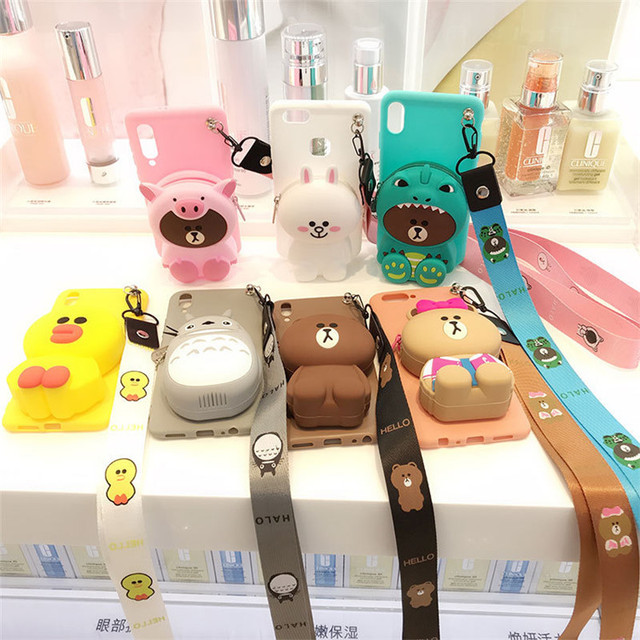 For Xiaomi Mi 9t Redmi Note8 Note9 Pro 8 & 9A Cute Cartoon Silicone Wallet Case Lanyard Bear for Duck KT Back Cover for Mobile