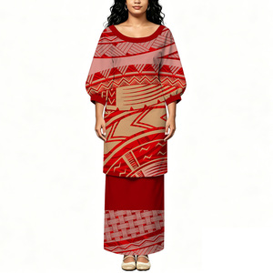 Tenue Puletasi deux pièces pour <span class=keywords><strong>femme</strong></span>, col bateau, manches courtes, imprimé tribal polynésien rouge et noir personnalisé et motif floral blanc, grande taille - Product Image 5