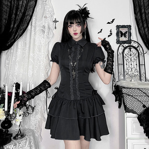 Robe Courte Boutonnée Style Preppy à Manches Courtes Coupe Trapèze, Tenues Décontractées Gothiques avec Nœud et Lacets, Mini-Robes Zippées pour Femmes, Vêtements de Soirée - Product Image 5