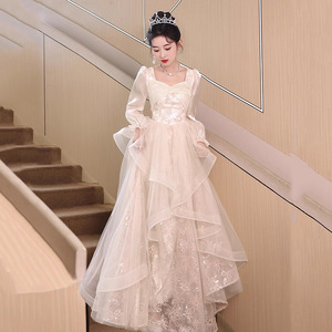 French Style Evening Gown Women Champagne Long Sleeve Square Neck Empire Waist 3D Floral Vintage Princess Dress Coming Of Age - Product Image 4