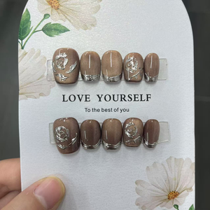 <span class=keywords><strong>Uñas</strong></span> Postizas Hechas a Mano con Brillo Dorado Champán, Decoración Irregular con Pedrería, <span class=keywords><strong>Uñas</strong></span> Postizas <span class=keywords><strong>Cortas</strong></span> <span class=keywords><strong>para</strong></span> Despedida de Soltera - Product Image 2