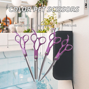 Tijeras de peluquería para mascotas de 7.0 pulgadas, de cuero, con dientes de colores, 4 unidades, juego recto con protección de cuchillas para animales pequeños - Product Image 2