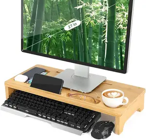 Bambu köşe monitör yükseltici standı geniş doğal bambu ahşap standı masaüstü, dizüstü bilgisayar, yazıcı ile organizatör ve saklama