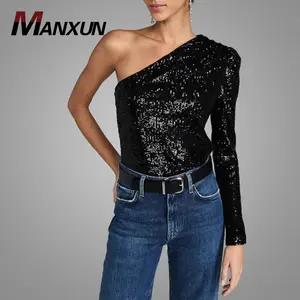 Women Summer Sexy Blusa Tops Custom Casual Black Sequined Blouses Tops Off Shoulder Oversized One Shoulder Blouse Wholesale