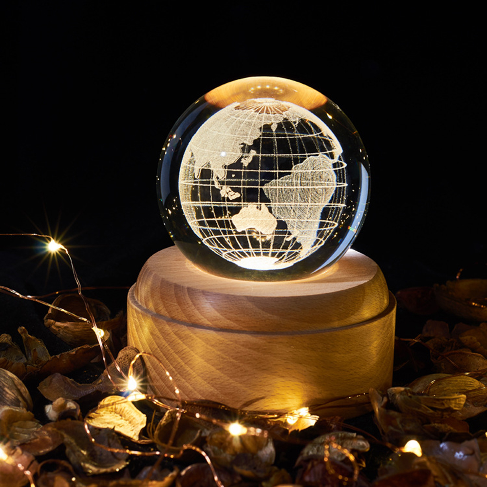 thumbnail image 2 of 3D Crystal Ball Music Box With Projection - Rotating Wood Base LED Light Gift 2 of 3