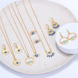 Go Party Fashion Devil Eye Necklace And Earrings Oil Dripping Rhinestone Blue Eye Choker Necklace Earrings Women Jewelry