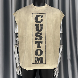 Benutzer definierte 100% Baumwolle DTG Druck Grafik Crop ärmelloses T-Shirt Säure gewaschen schmutzig gewaschen T-Shirt Distressed Raw Hem Tank Top - Product Image 3