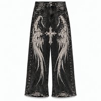 Jeans Gothiques Homme 14OZ Épais Délavés Ailes d'Ange Croix Jambe Large Streetwear Denim OEM ODM Vente en Gros Personnalisée B2B