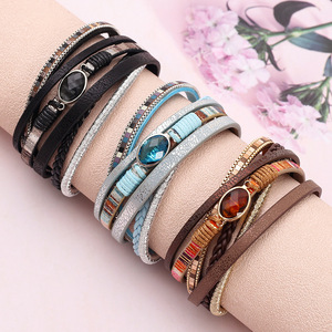 Cross-border Bohemian-style multi-layer vintage PU leather and cowhide <b>bracelet</b> with <b>crystal</b> accents and magnetic clasp - Product Image 3