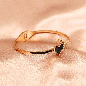 <b>Rose</b> Gold PVD Plated Stainless Steel Cuff Bangle with <b>Black</b> Heart Design for Women | Hypoallergenic, Waterproof & Non-Fading - Product Image 3
